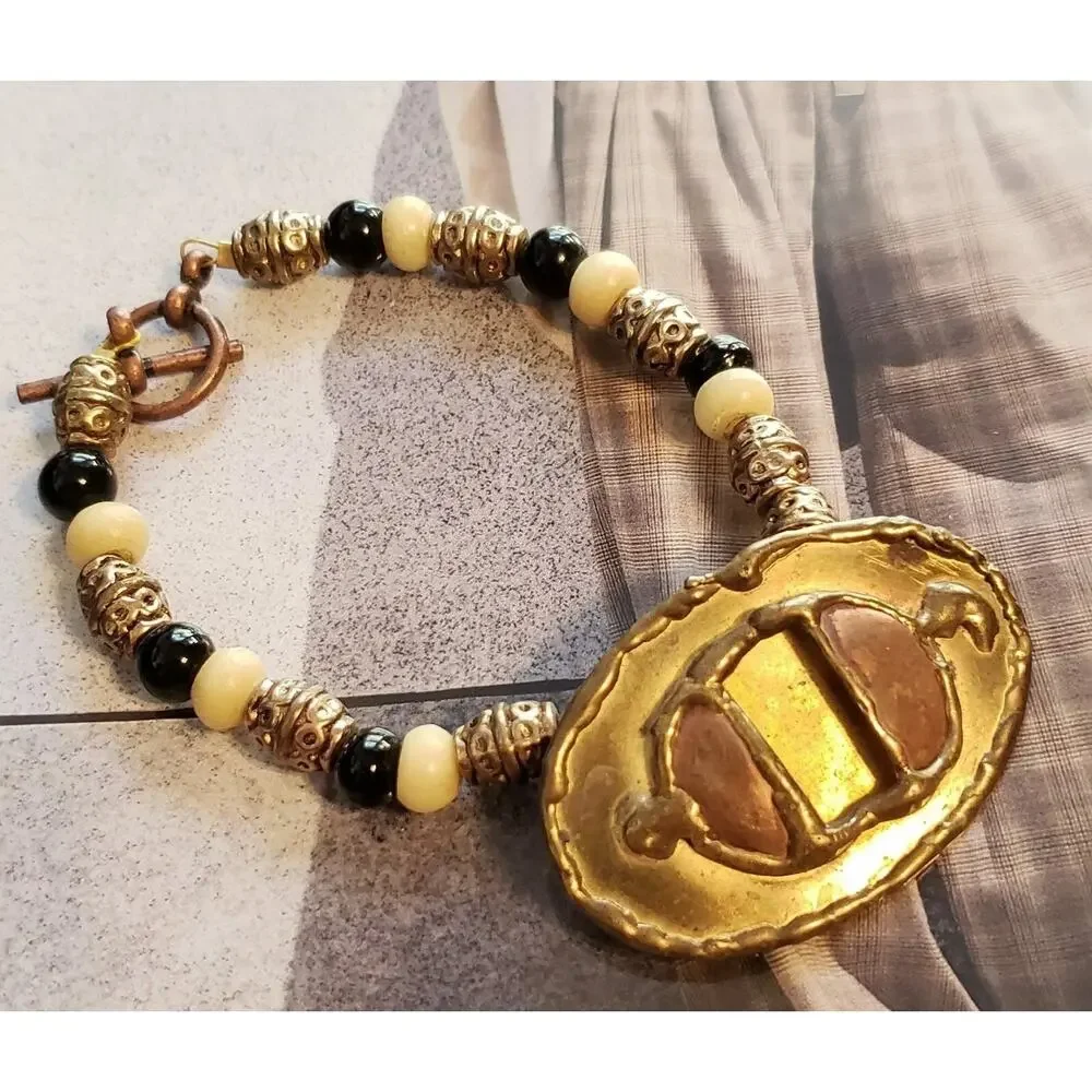 Vintage Brutalist Bracelet- Beaded Copper &‎ Brass Statement Bracelet gbr-7